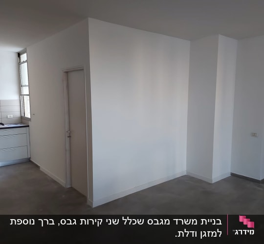 קירות גבס לבנים בחדר ריק עם רצפת בטון אפורה